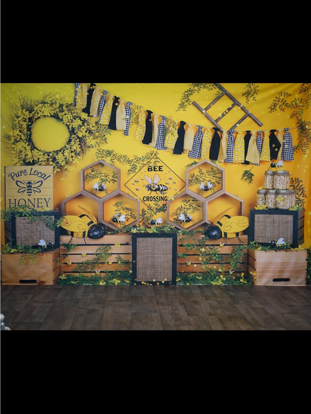 KATE Bee-Themed Yellow Backdrop with Honeycomb Decor